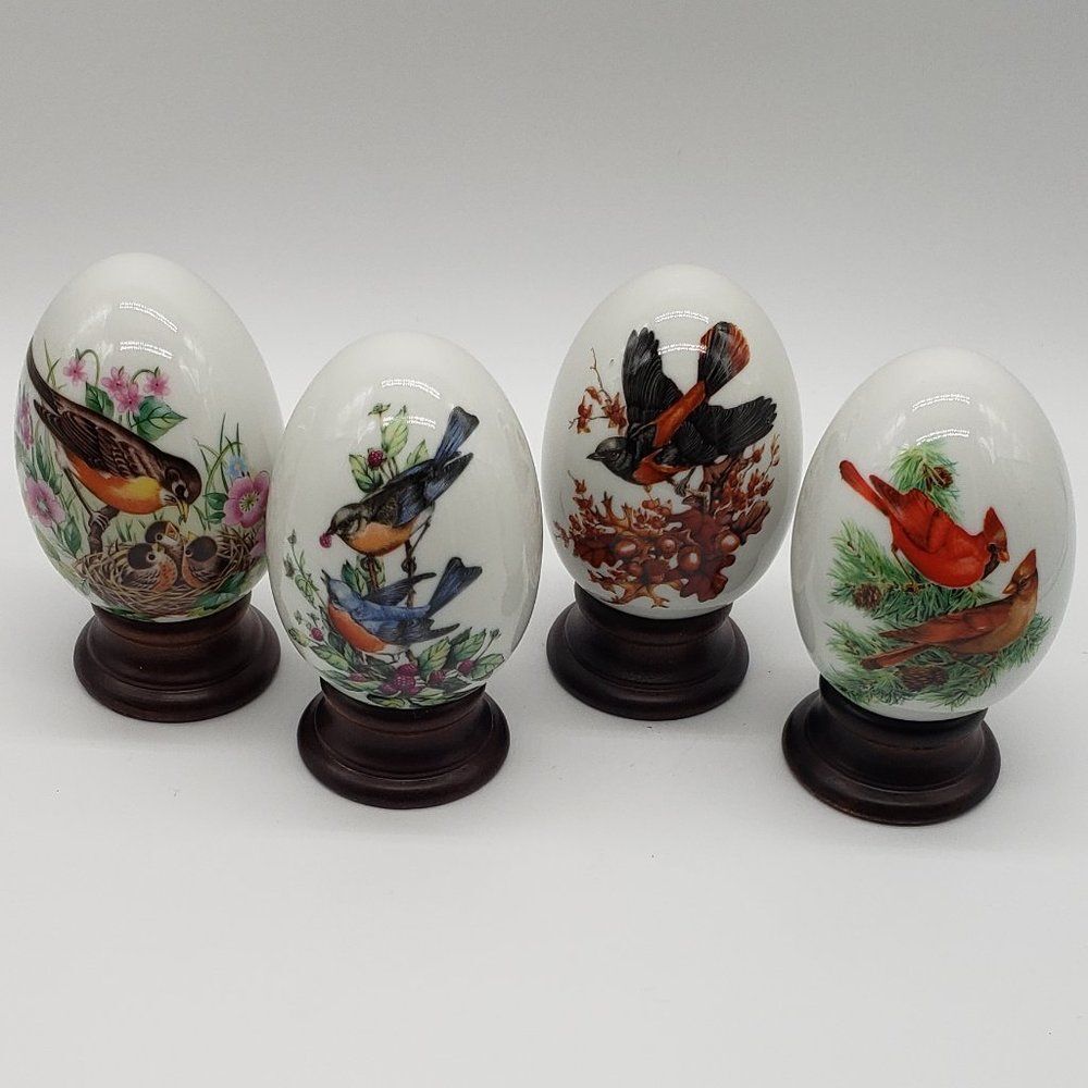 Avon 4 Seasons Porcelain Eggs with Stands Set - Vintage
